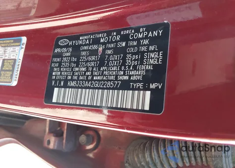 2016 Hyundai Tucson Se z USA, uszkodzony, nr VIN KM8J33A42GU228577